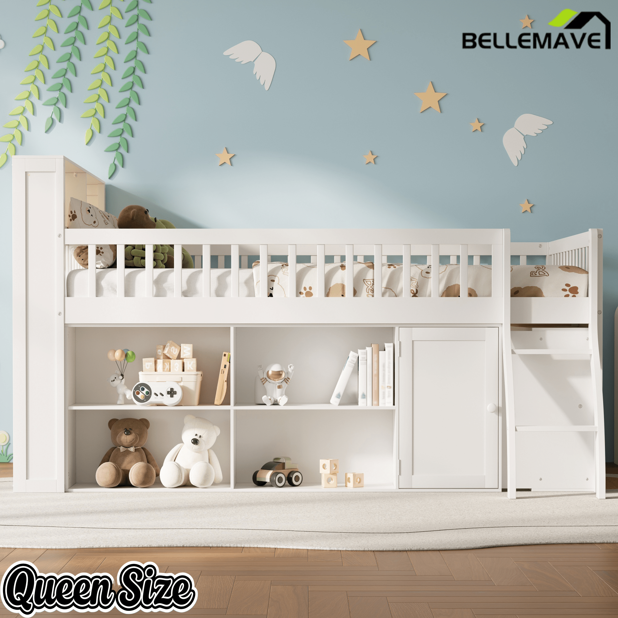 Bellemave® Wooden Low Loft Bed with Storage Shelves, Cabinet, LED Headboard & Ladder - Bellemave