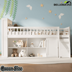 Bellemave® Wooden Low Loft Bed with Storage Shelves, Cabinet, LED Headboard & Ladder - Bellemave