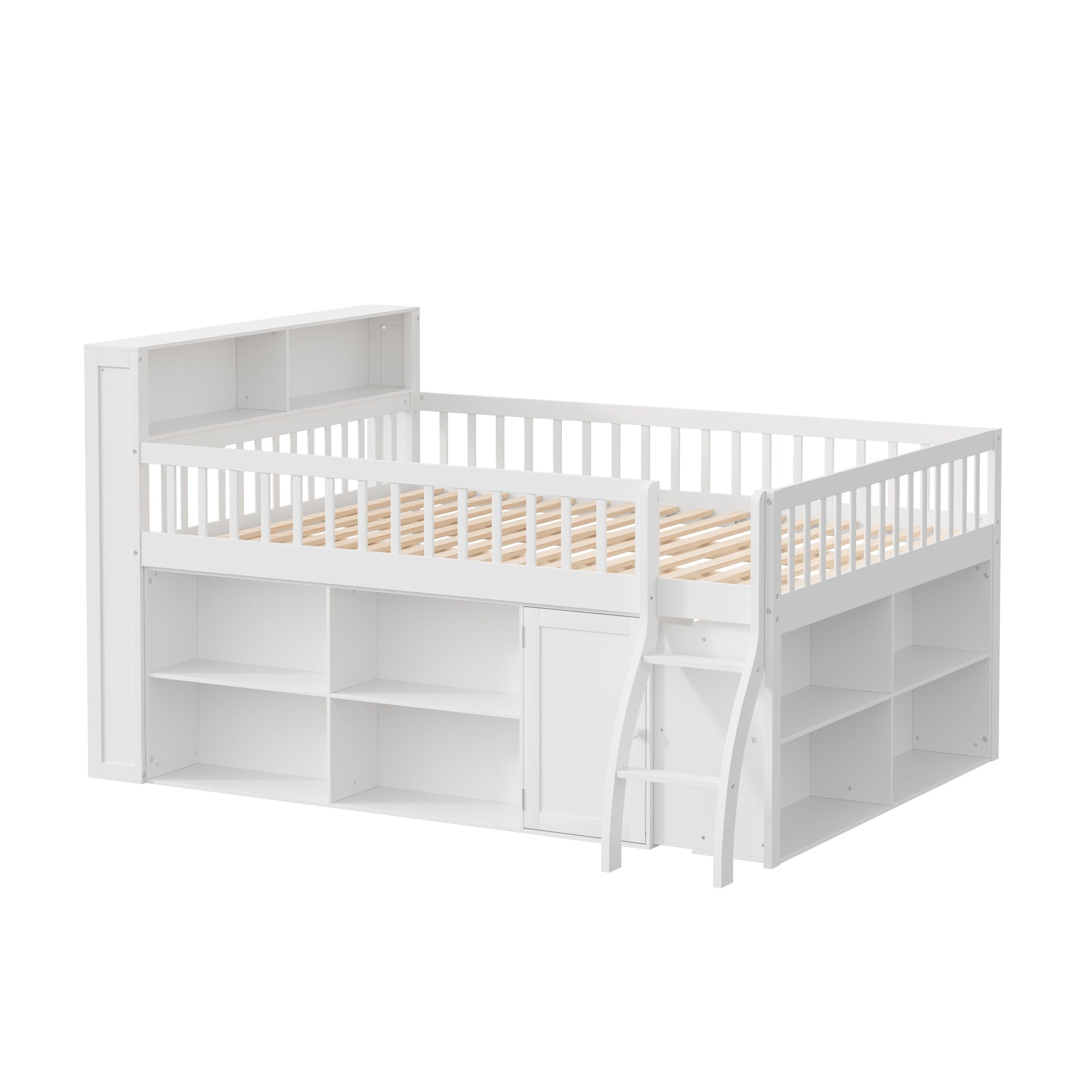 Bellemave® Wooden Low Loft Bed with Storage Shelves, Cabinet, LED Headboard & Ladder - Bellemave