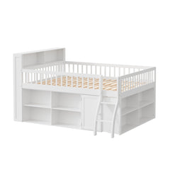 Bellemave® Wooden Low Loft Bed with Storage Shelves, Cabinet, LED Headboard & Ladder - Bellemave