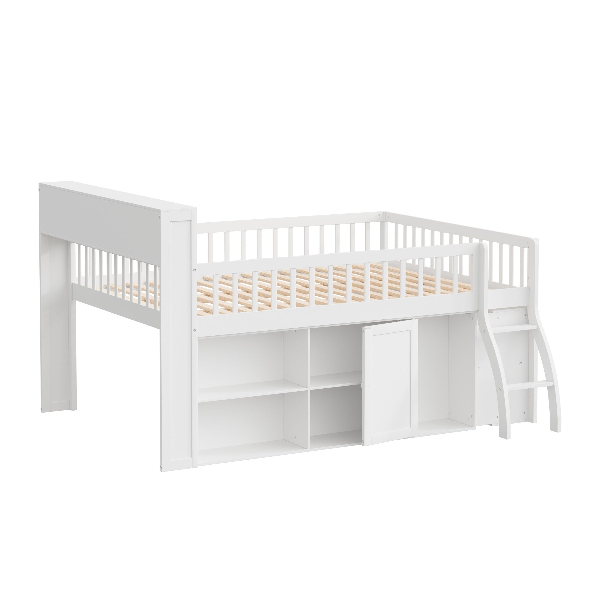 Bellemave® Wooden Low Loft Bed with Storage Shelves, Cabinet, LED Headboard & Ladder - Bellemave