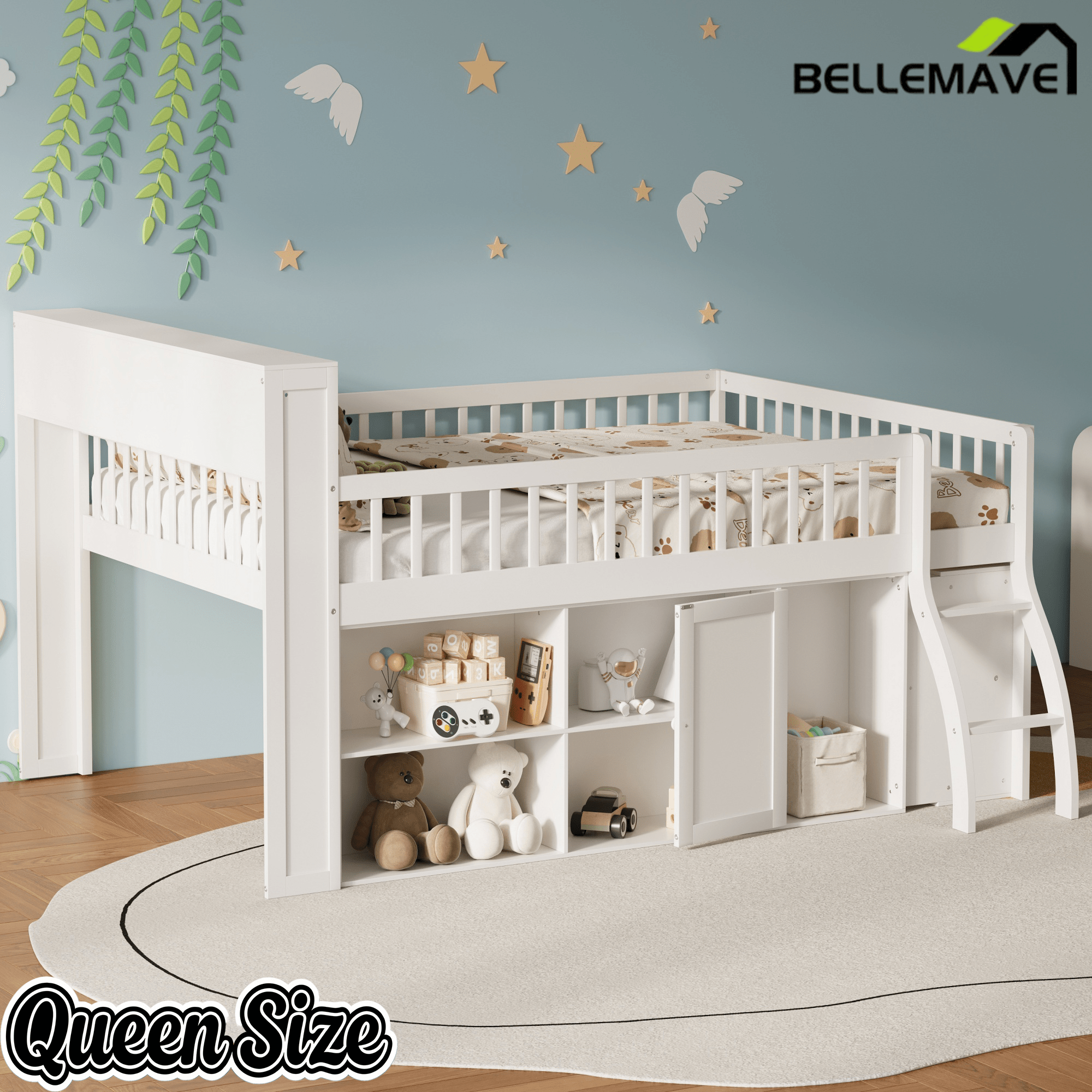 Bellemave® Wooden Low Loft Bed with Storage Shelves, Cabinet, LED Headboard & Ladder - Bellemave