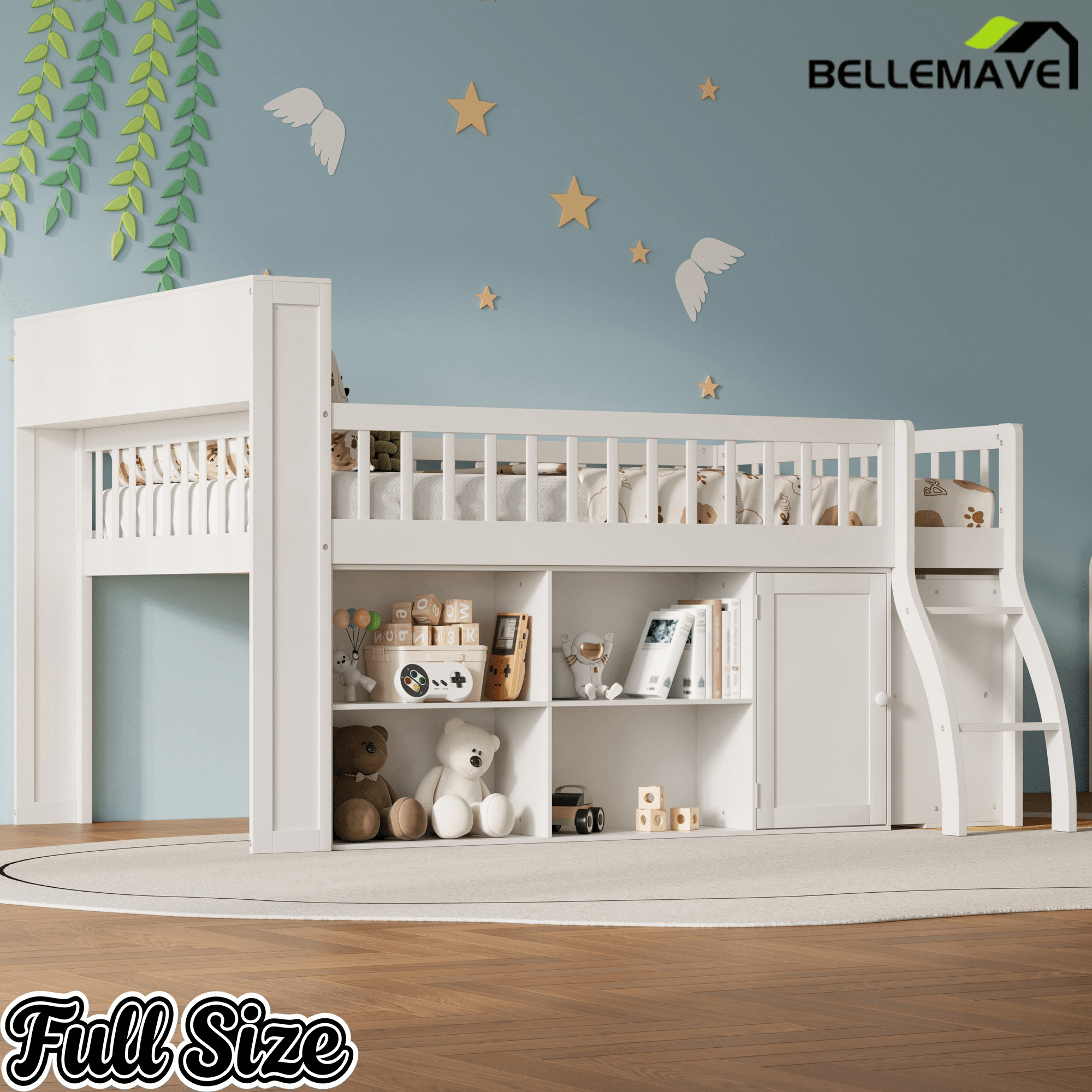 Bellemave® Wooden Low Loft Bed with Storage Shelves, Cabinet, LED Headboard & Ladder - Bellemave