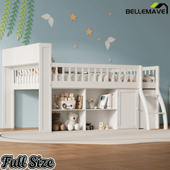 Bellemave® Wooden Low Loft Bed with Storage Shelves, Cabinet, LED Headboard & Ladder - Bellemave