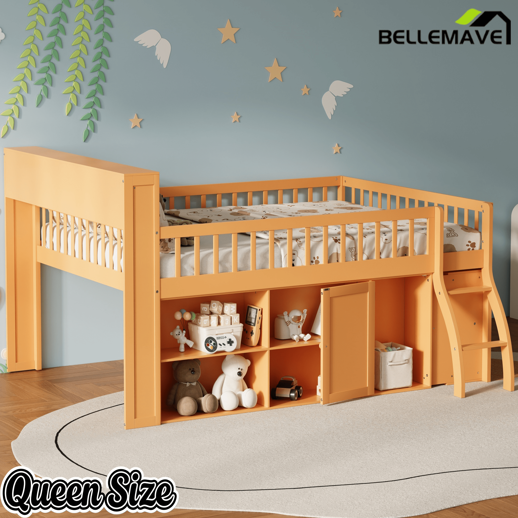 Bellemave® Wooden Low Loft Bed with Storage Shelves, Cabinet, LED Headboard & Ladder - Bellemave