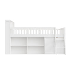 Bellemave® Wooden Low Loft Bed with Storage Shelves, Cabinet, LED Headboard & Ladder - Bellemave