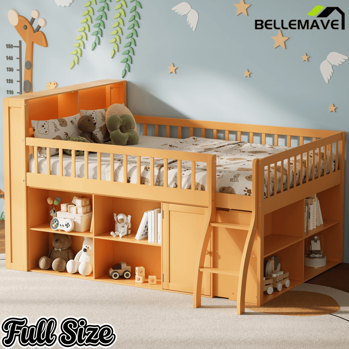 Bellemave® Wooden Low Loft Bed with Storage Shelves, Cabinet, LED Headboard & Ladder - Bellemave