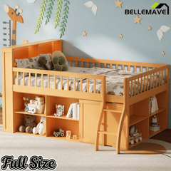 Bellemave® Wooden Low Loft Bed with Storage Shelves, Cabinet, LED Headboard & Ladder - Bellemave