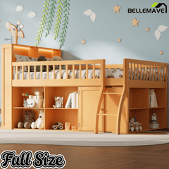 Bellemave® Wooden Low Loft Bed with Storage Shelves, Cabinet, LED Headboard & Ladder - Bellemave