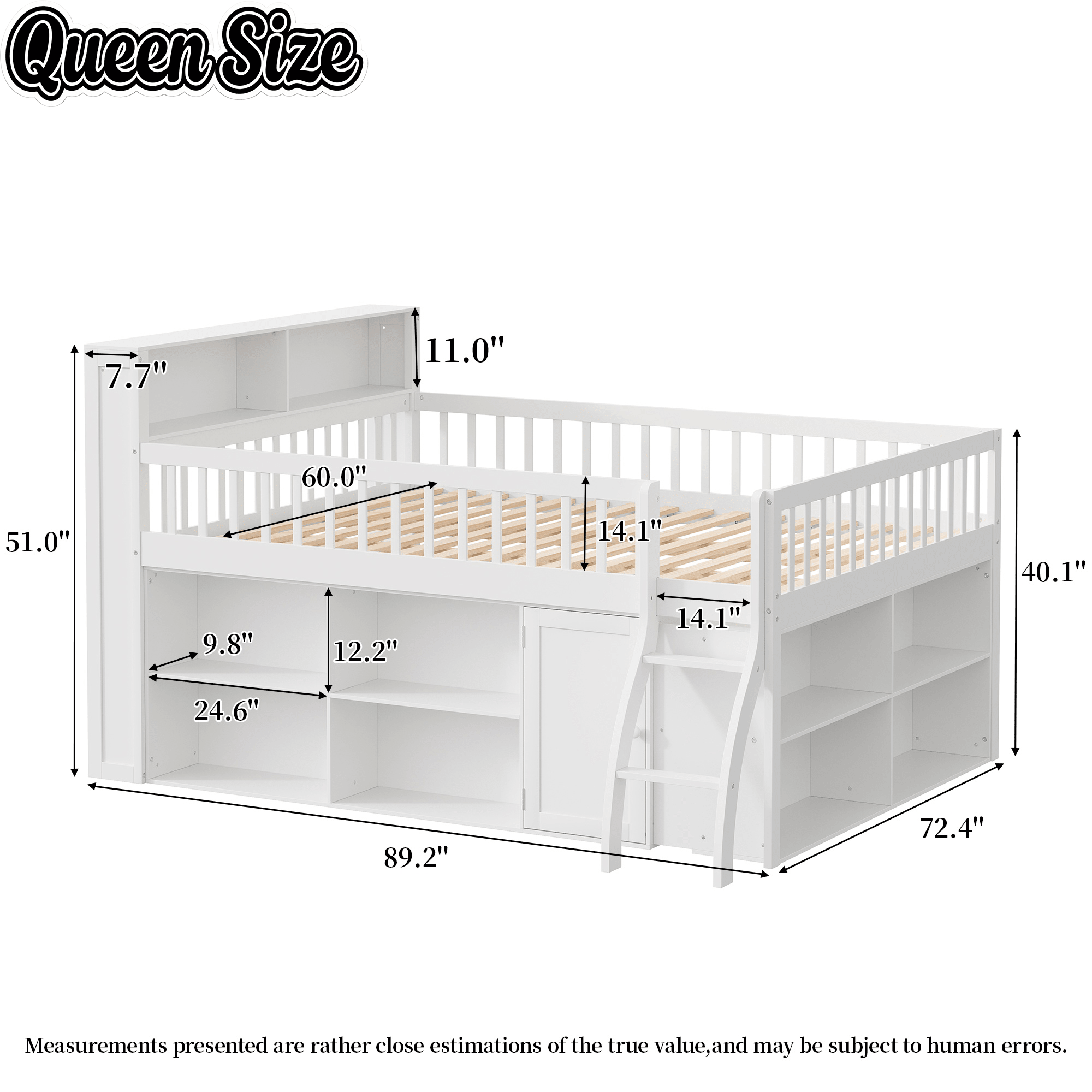 Bellemave® Wooden Low Loft Bed with Storage Shelves, Cabinet, LED Headboard & Ladder - Bellemave