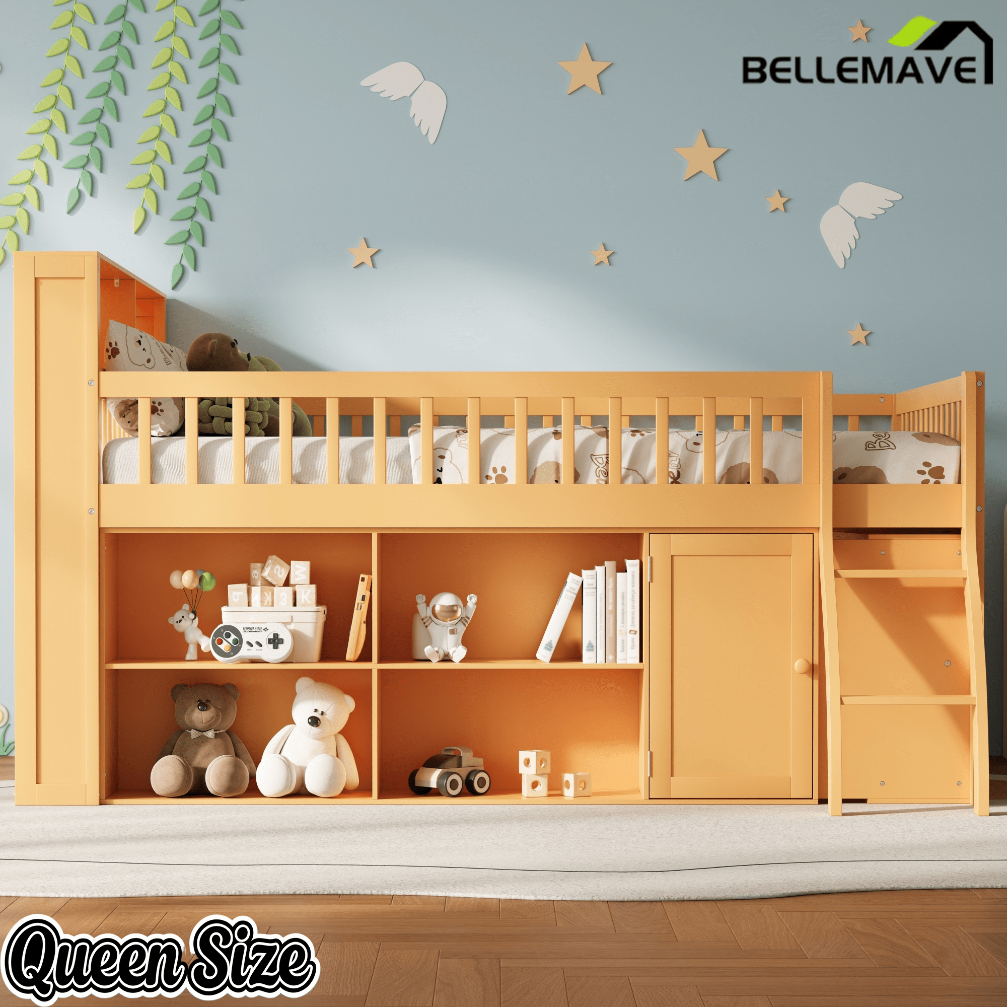 Bellemave® Wooden Low Loft Bed with Storage Shelves, Cabinet, LED Headboard & Ladder - Bellemave