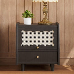 Bellemave® Wooden Nightstand with Rattan - Woven Storage Cabinet and 1 Drawer - Bellemave