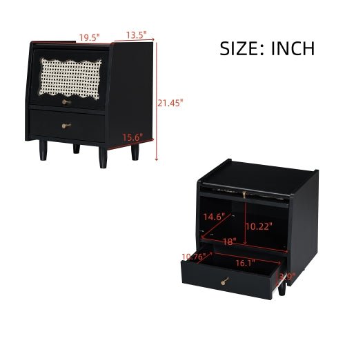 Bellemave® Wooden Nightstand with Rattan - Woven Storage Cabinet and 1 Drawer - Bellemave