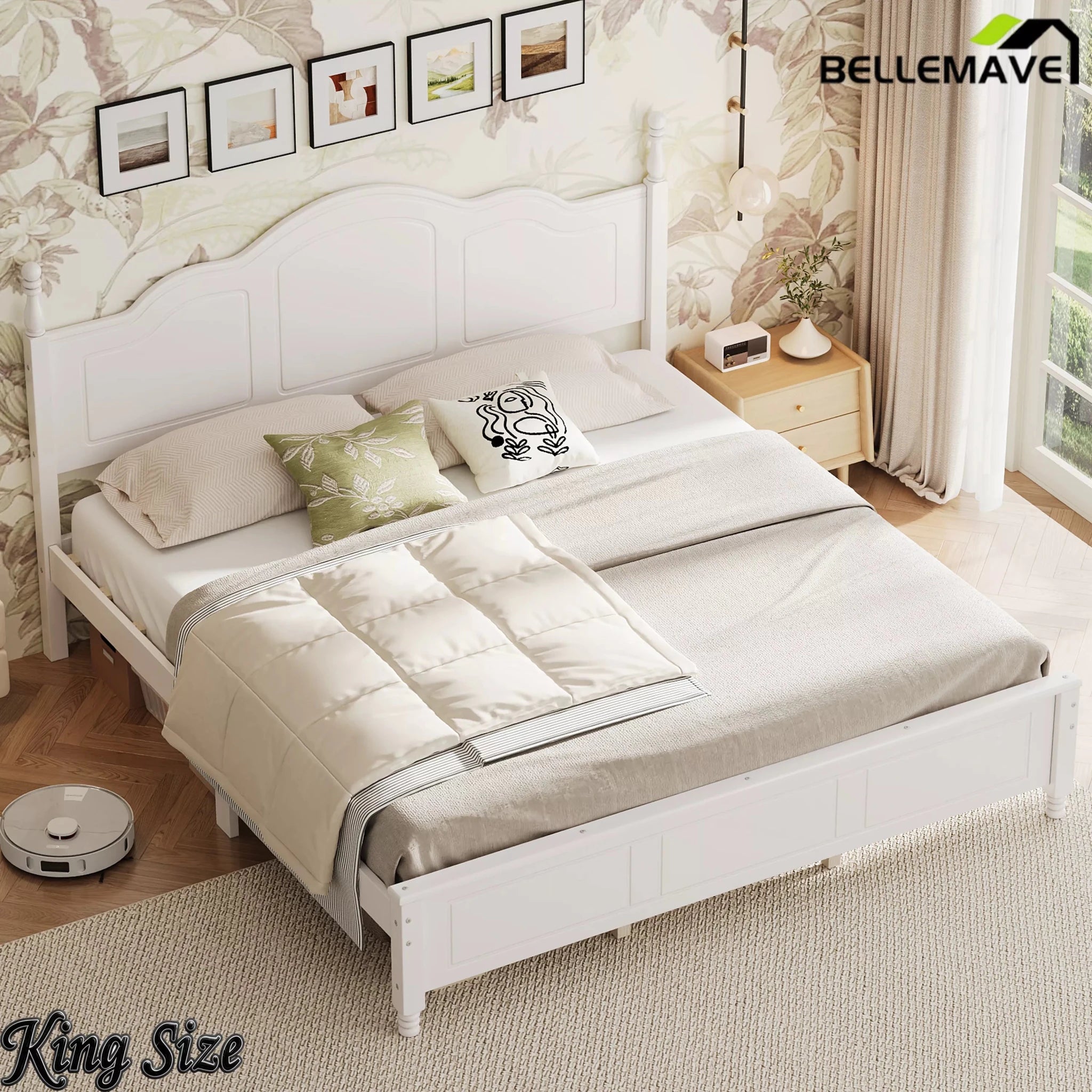 Bellemave® Wooden Platform Bed Frame with Retro Wave Headboard, No Box Spring Needed, Sturdy Slat Support - Bellemave