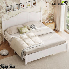 Bellemave® Wooden Platform Bed Frame with Retro Wave Headboard, No Box Spring Needed, Sturdy Slat Support - Bellemave