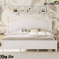 Bellemave® Wooden Platform Bed Frame with Retro Wave Headboard, No Box Spring Needed, Sturdy Slat Support - Bellemave