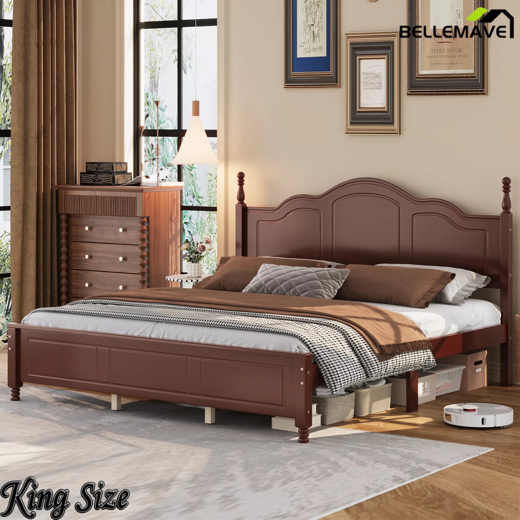 Bellemave® Wooden Platform Bed Frame with Retro Wave Headboard, No Box Spring Needed, Sturdy Slat Support - Bellemave