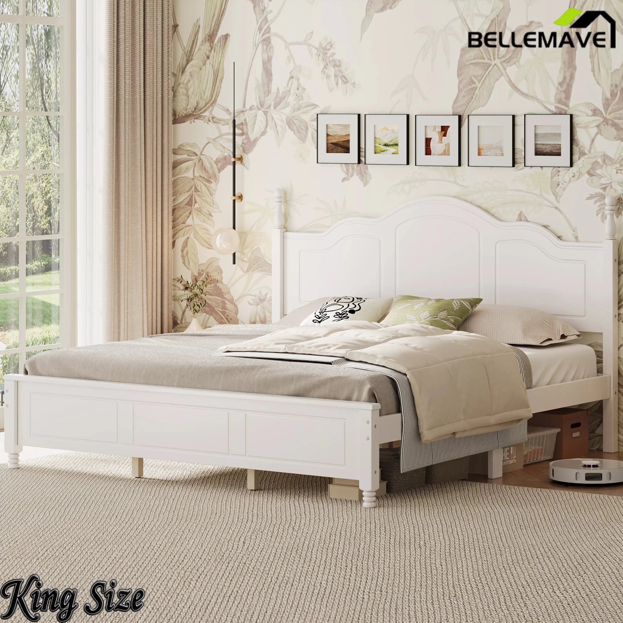 Bellemave® Wooden Platform Bed Frame with Retro Wave Headboard, No Box Spring Needed, Sturdy Slat Support - Bellemave