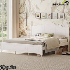 Bellemave® Wooden Platform Bed Frame with Retro Wave Headboard, No Box Spring Needed, Sturdy Slat Support - Bellemave