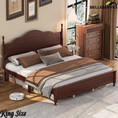 Bellemave® Wooden Platform Bed Frame with Retro Wave Headboard, No Box Spring Needed, Sturdy Slat Support - Bellemave