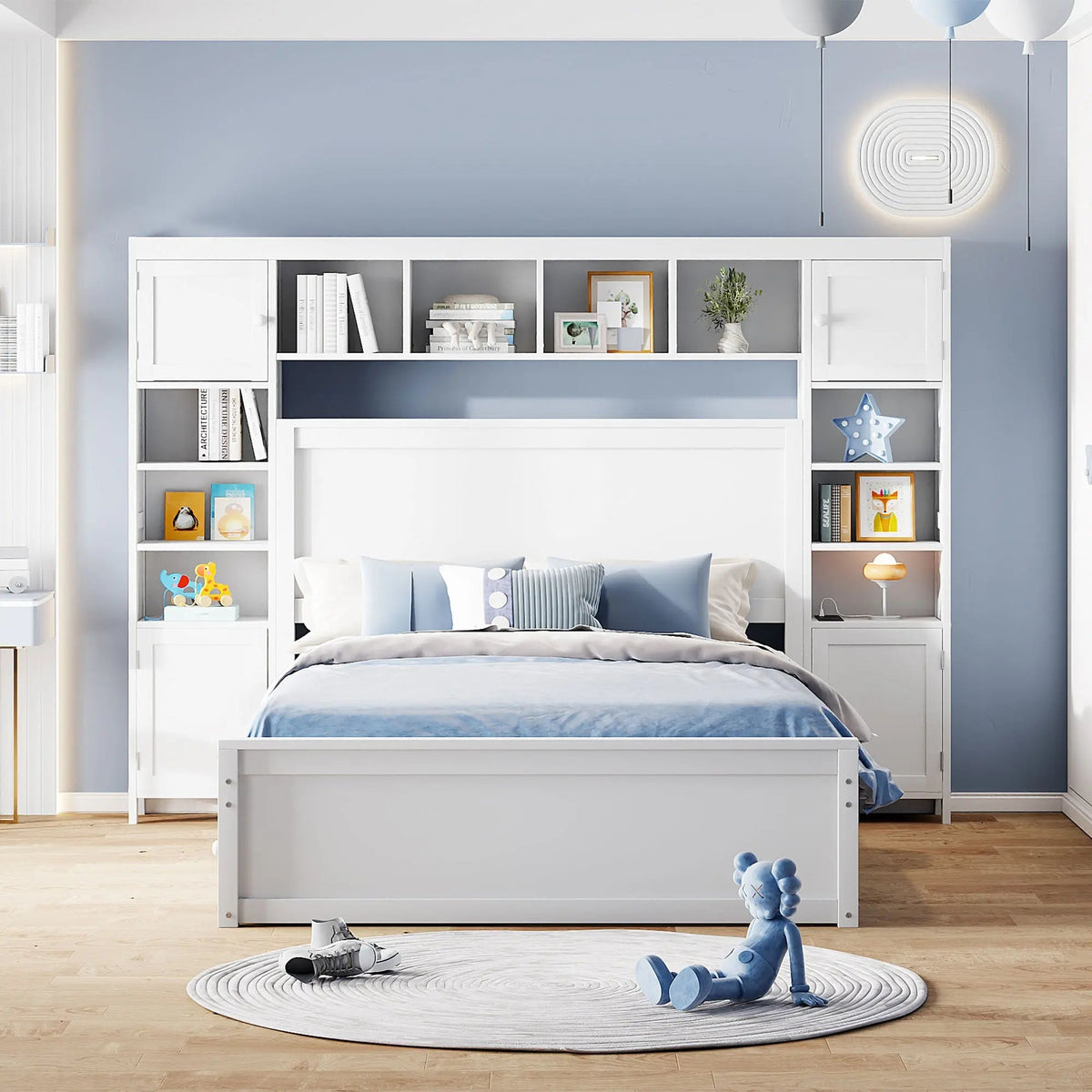 Bellemave® Wooden Platform Bed with All - in - One Cabinet, Shelf and Sockets - Bellemave