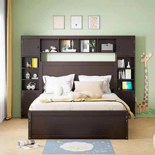 Bellemave® Wooden Platform Bed with All - in - One Cabinet, Shelf and Sockets - Bellemave