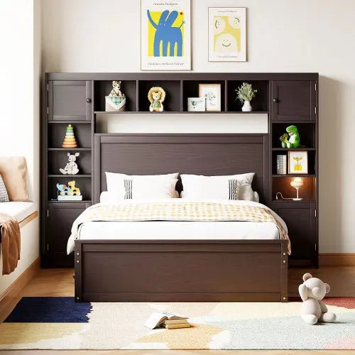 Bellemave® Wooden Platform Bed with All - in - One Cabinet, Shelf and Sockets - Bellemave