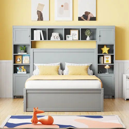 Bellemave® Wooden Platform Bed with All - in - One Cabinet, Shelf and Sockets - Bellemave