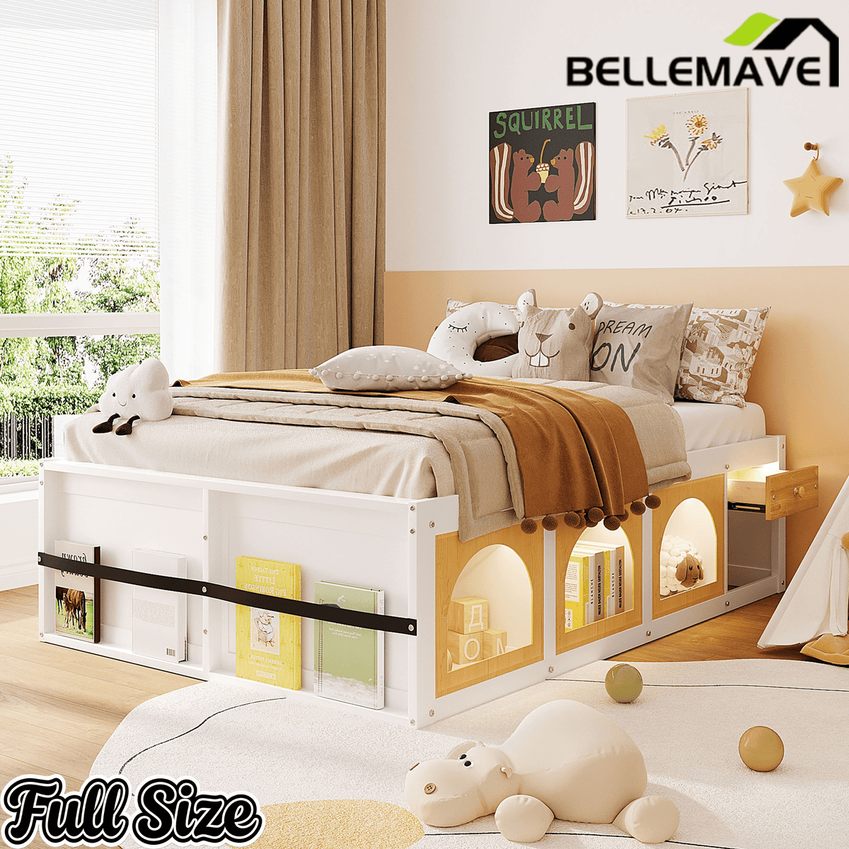 Bellemave® Wooden Platform Bed with Bookshelf, Display Cabinet and Storage Drawer, Multi - Functional Storage Bed for Bedroom, Guestroom - Bellemave