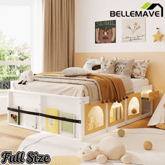 Bellemave® Wooden Platform Bed with Bookshelf, Display Cabinet and Storage Drawer, Multi - Functional Storage Bed for Bedroom, Guestroom - Bellemave