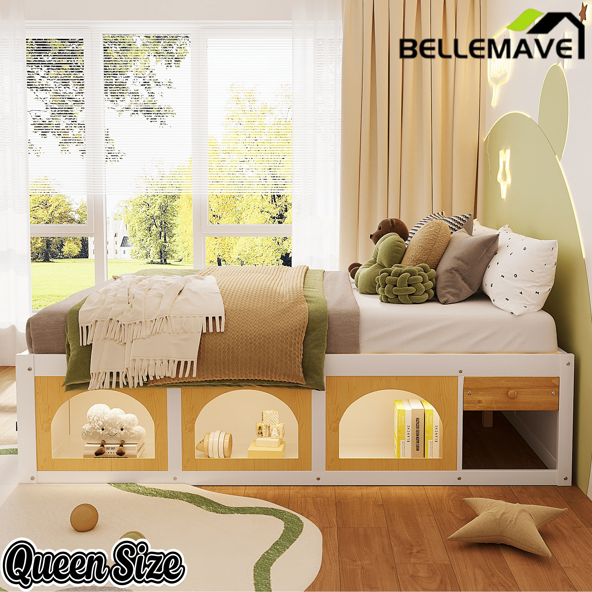Bellemave® Wooden Platform Bed with Bookshelf, Display Cabinet and Storage Drawer, Multi - Functional Storage Bed for Bedroom, Guestroom - Bellemave