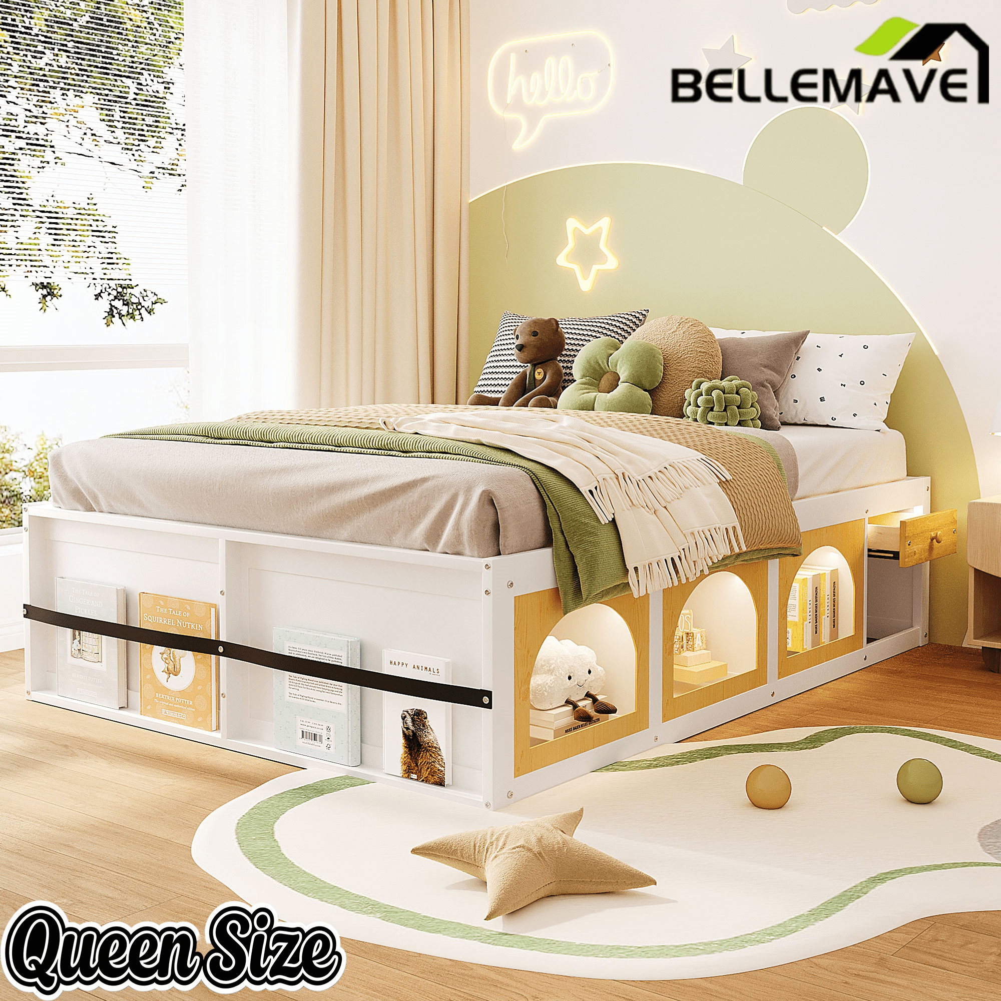 Bellemave® Wooden Platform Bed with Bookshelf, Display Cabinet and Storage Drawer, Multi - Functional Storage Bed for Bedroom, Guestroom - Bellemave