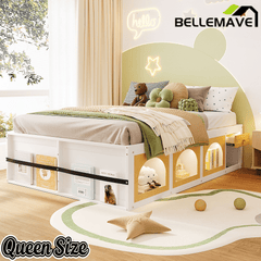 Bellemave® Wooden Platform Bed with Bookshelf, Display Cabinet and Storage Drawer, Multi - Functional Storage Bed for Bedroom, Guestroom - Bellemave