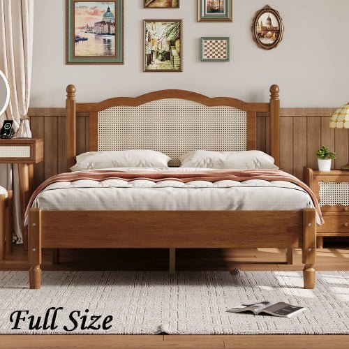 Bellemave® Wooden Platform Bed with Natural Rattan Headboard and Wooden Slat Support - Bellemave
