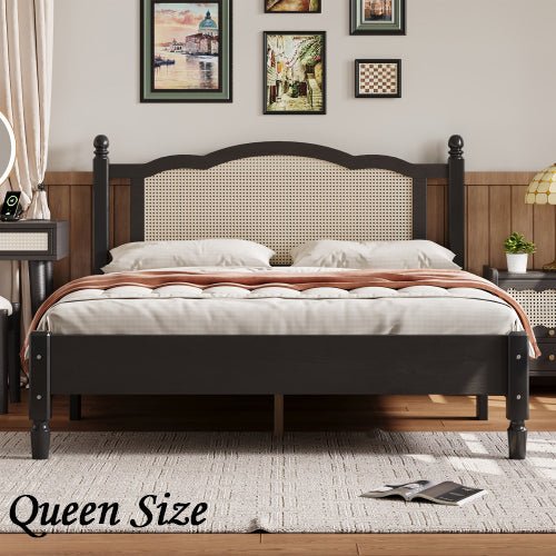 Bellemave® Wooden Platform Bed with Natural Rattan Headboard and Wooden Slat Support - Bellemave