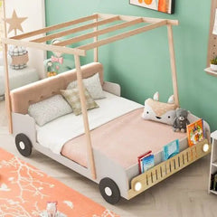 Bellemave® Wooden Platform Bed with Pillow, Ceiling Cloth and LED - Bellemave