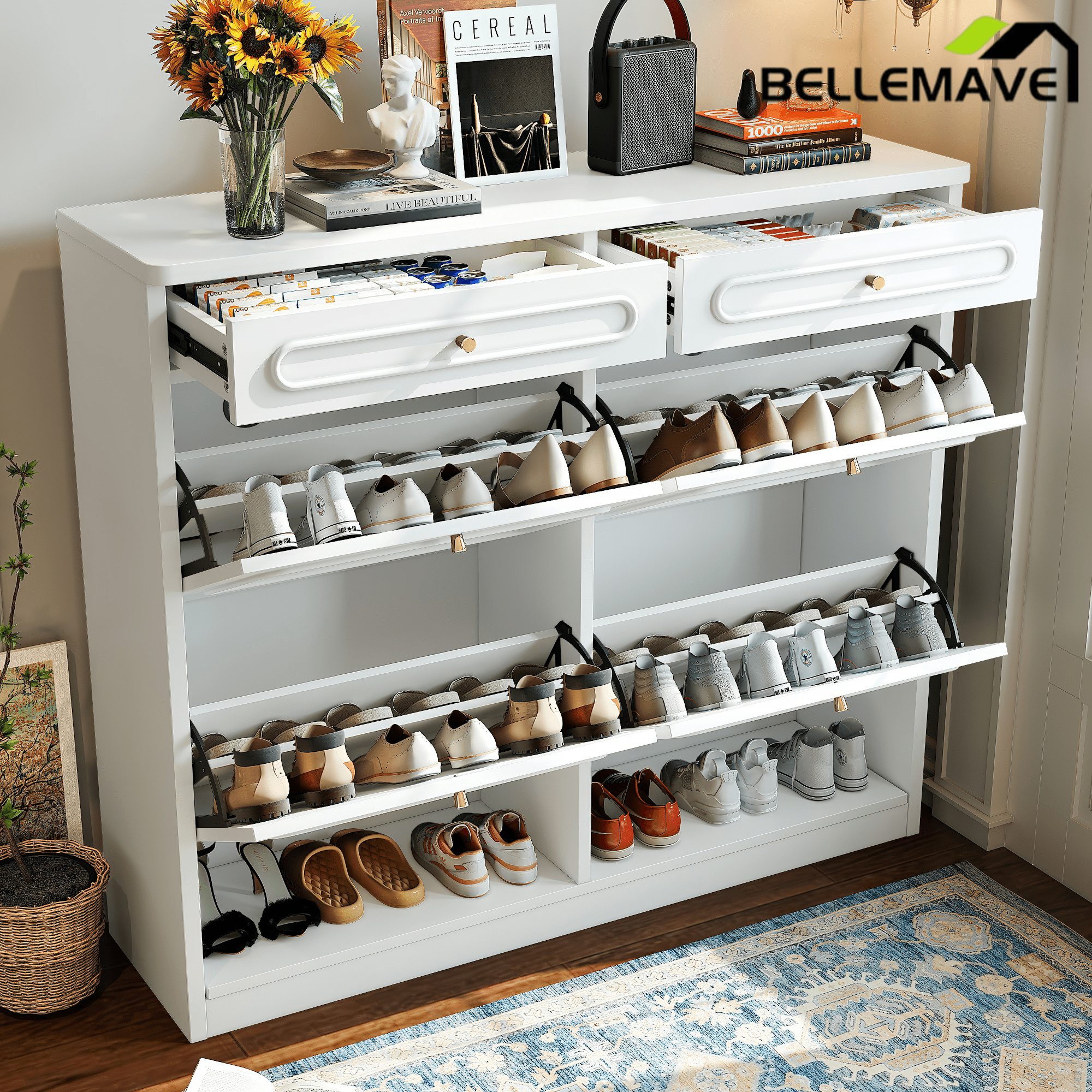 Bellemave® Wooden Shoe Cabinet with 4 Flip Drawers,Shoes Rack Cabinet with 2 Storage Drawers,Classified Storage and Farmhouse Style, Black - Bellemave