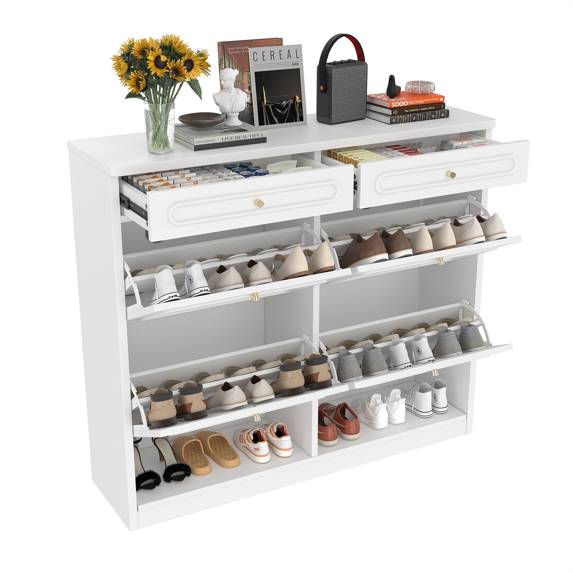 Bellemave® Wooden Shoe Cabinet with 4 Flip Drawers,Shoes Rack Cabinet with 2 Storage Drawers,Classified Storage and Farmhouse Style, Black - Bellemave