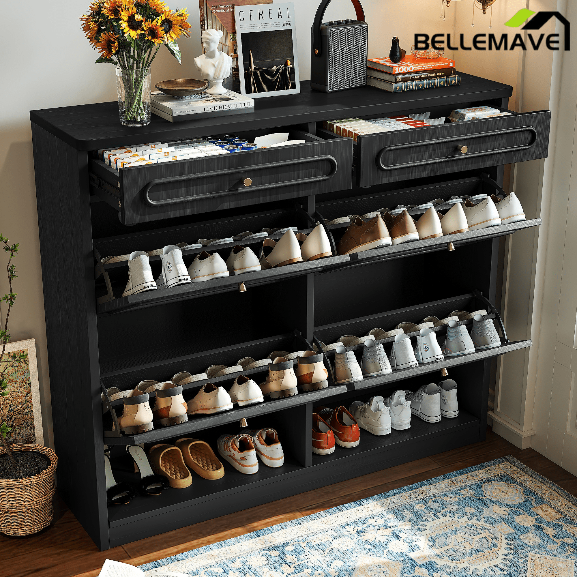 Bellemave® Wooden Shoe Cabinet with 4 Flip Drawers,Shoes Rack Cabinet with 2 Storage Drawers,Classified Storage and Farmhouse Style, Black - Bellemave