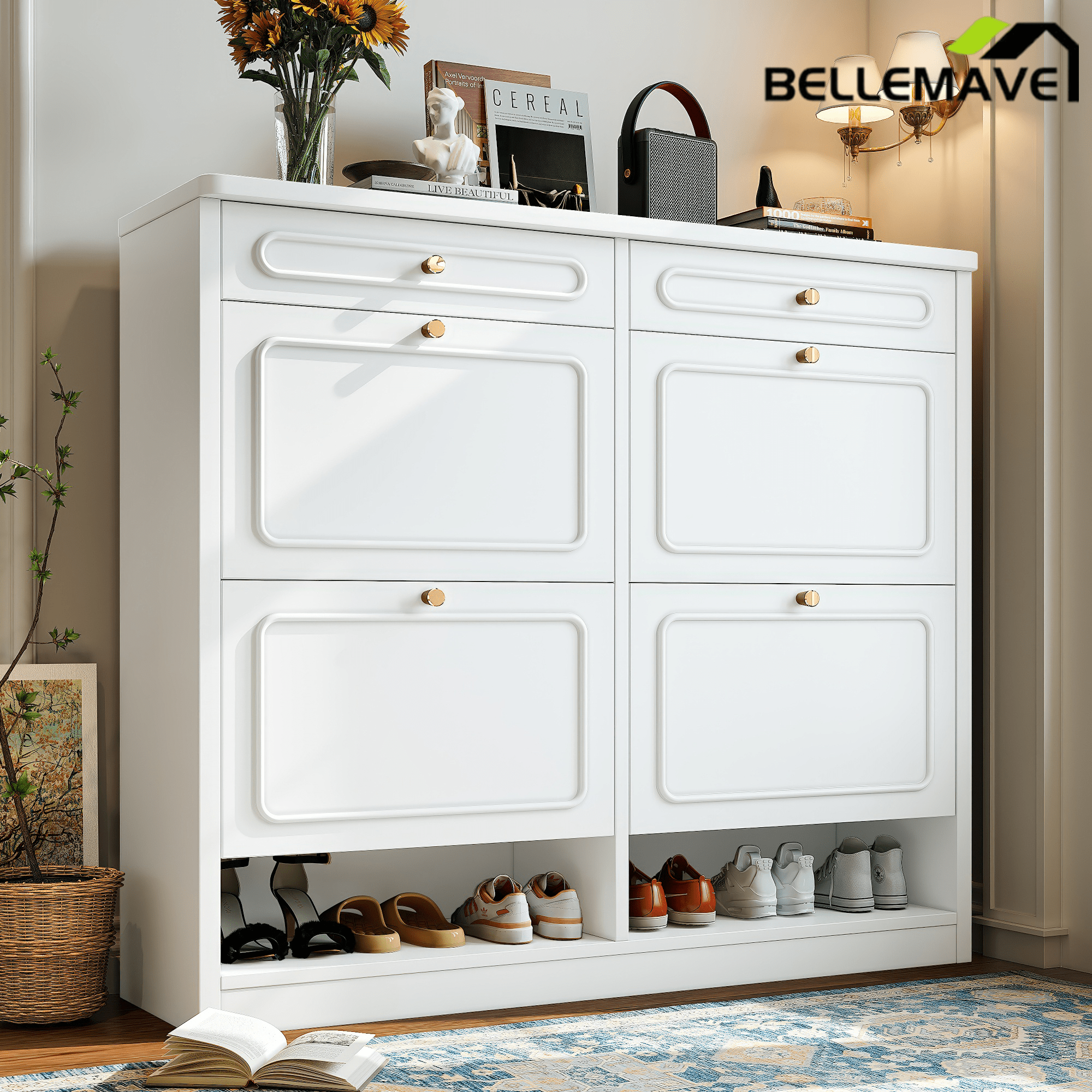 Bellemave® Wooden Shoe Cabinet with 4 Flip Drawers,Shoes Rack Cabinet with 2 Storage Drawers,Classified Storage and Farmhouse Style, Black - Bellemave