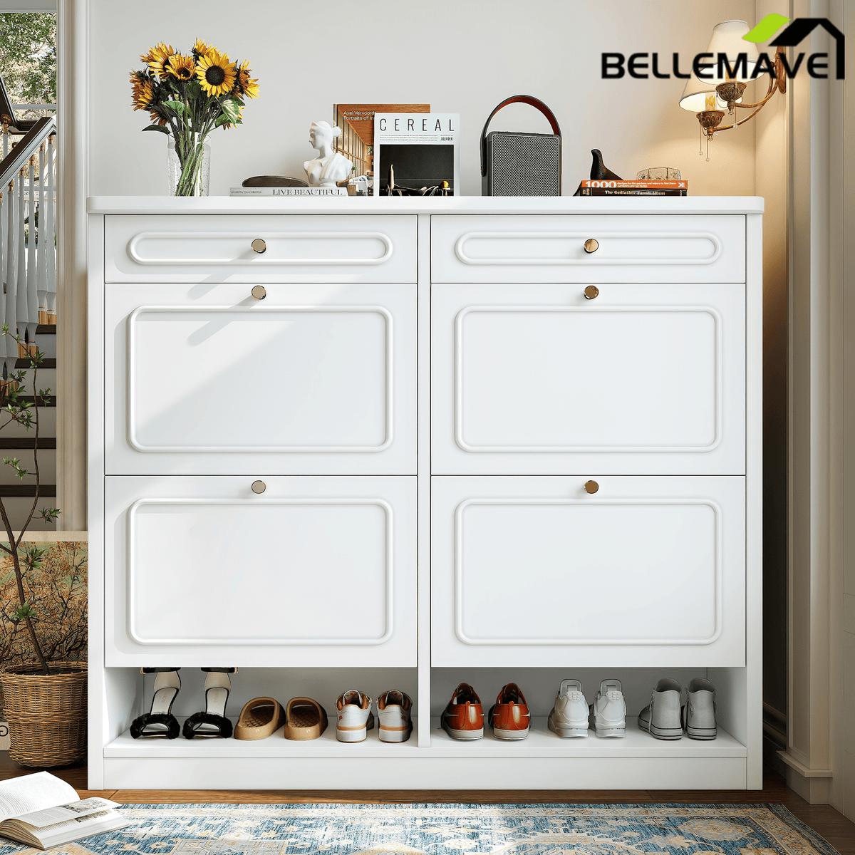 Bellemave® Wooden Shoe Cabinet with 4 Flip Drawers,Shoes Rack Cabinet with 2 Storage Drawers,Classified Storage and Farmhouse Style, Black - Bellemave