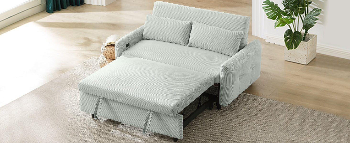 Bellemave®57.48" Pull - out Sofa Bed Convertible Couch 2 Seat Loveseat Sofa Modern Sleeper Sofa with Two Throw Pillows and USB Ports for Living Room, Light Grey - Green - Bellemave