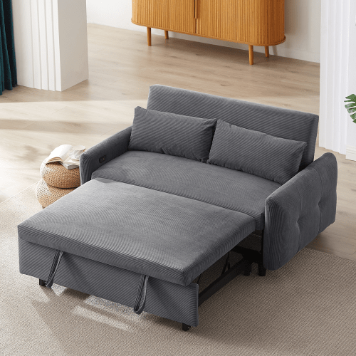Bellemave®57.48" Pull - out Sofa Bed Convertible Couch 2 Seat Loveseat Sofa Modern Sleeper Sofa with Two Throw Pillows and USB Ports for Living Room, Light Grey - Green - Bellemave