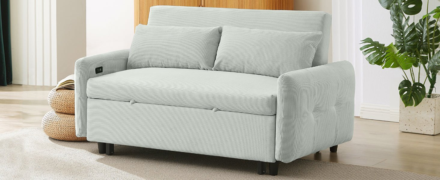 Bellemave®57.48" Pull - out Sofa Bed Convertible Couch 2 Seat Loveseat Sofa Modern Sleeper Sofa with Two Throw Pillows and USB Ports for Living Room, Light Grey - Green - Bellemave