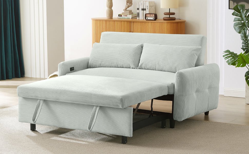 Bellemave®57.48" Pull - out Sofa Bed Convertible Couch 2 Seat Loveseat Sofa Modern Sleeper Sofa with Two Throw Pillows and USB Ports for Living Room, Light Grey - Green - Bellemave