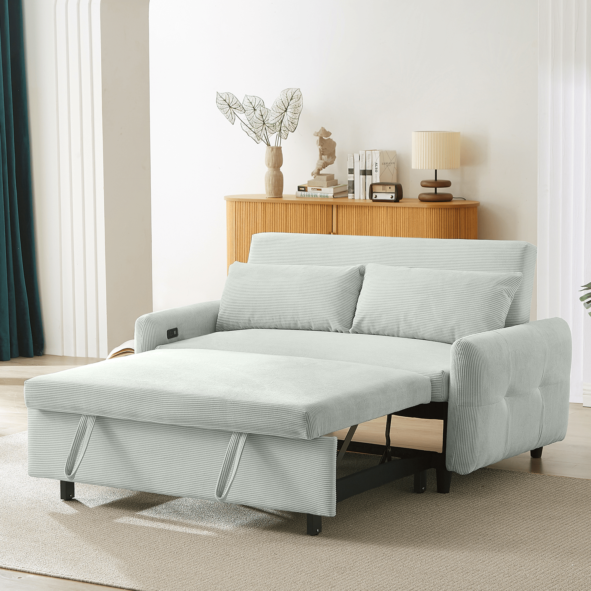 Bellemave®57.48" Pull - out Sofa Bed Convertible Couch 2 Seat Loveseat Sofa Modern Sleeper Sofa with Two Throw Pillows and USB Ports for Living Room, Light Grey - Green - Bellemave