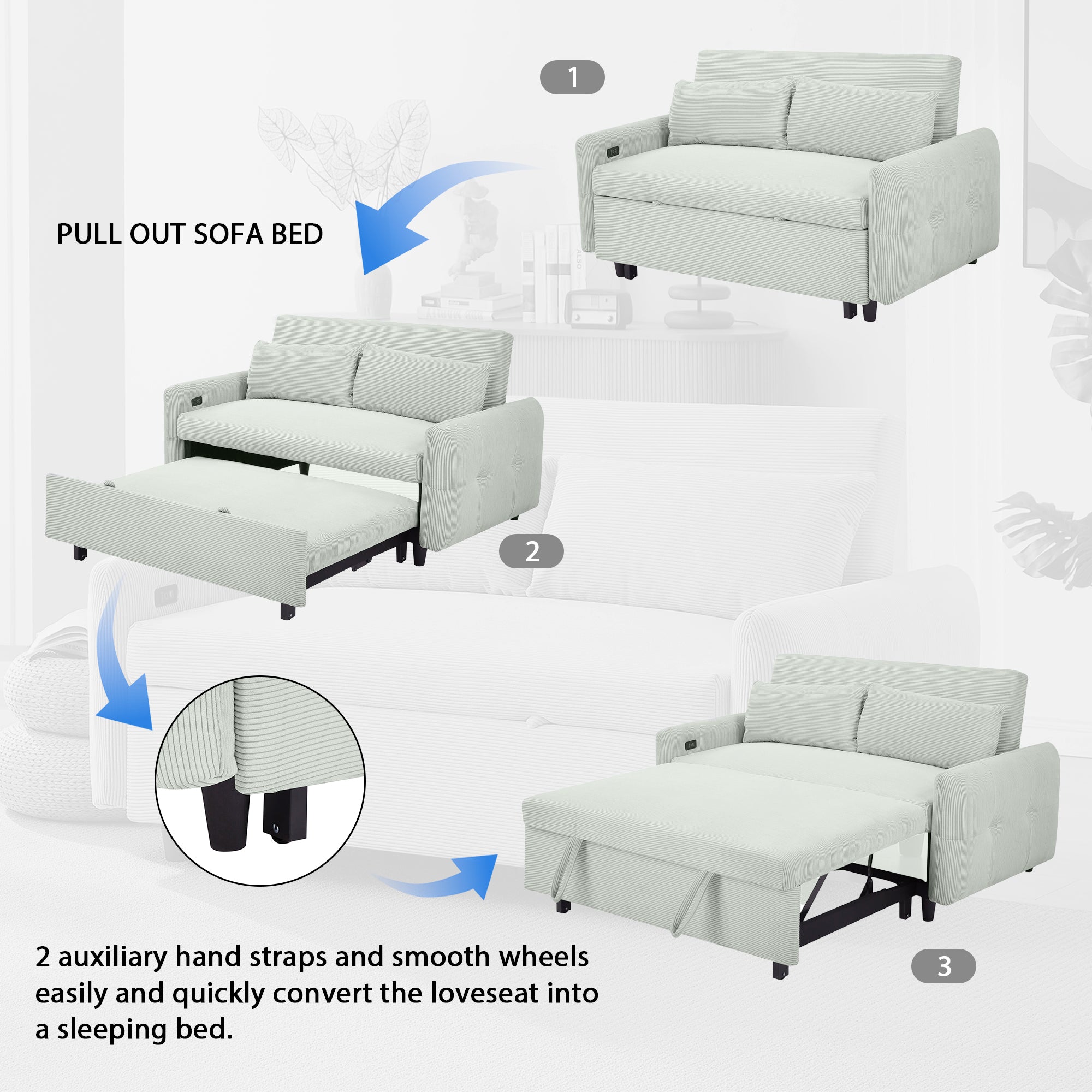 Bellemave®57.48" Pull - out Sofa Bed Convertible Couch 2 Seat Loveseat Sofa Modern Sleeper Sofa with Two Throw Pillows and USB Ports for Living Room, Light Grey - Green - Bellemave