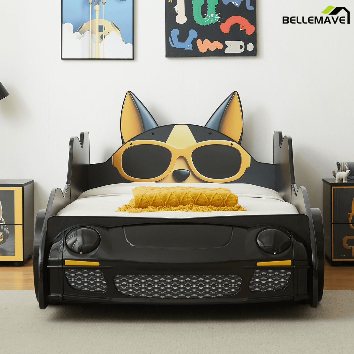 Bellemave®Cool Toddler Bed Frame – Cartoon Car Racing Bed with LED Lights & Dog Design, Black/Yellow - Bellemave