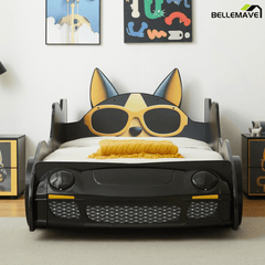 Bellemave®Cool Toddler Bed Frame – Cartoon Car Racing Bed with LED Lights & Dog Design, Black/Yellow - Bellemave
