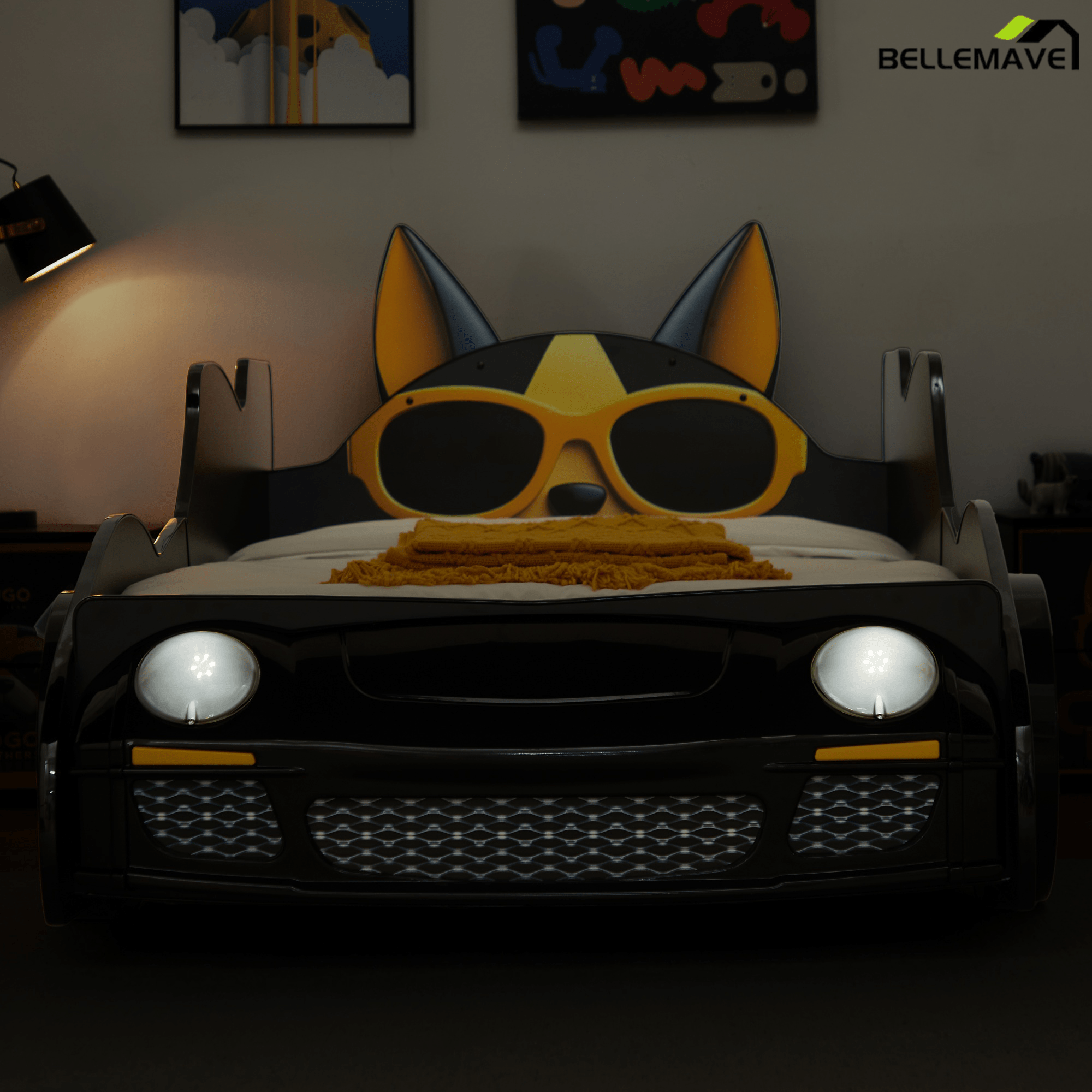 Bellemave®Cool Toddler Bed Frame – Cartoon Car Racing Bed with LED Lights & Dog Design, Black/Yellow - Bellemave